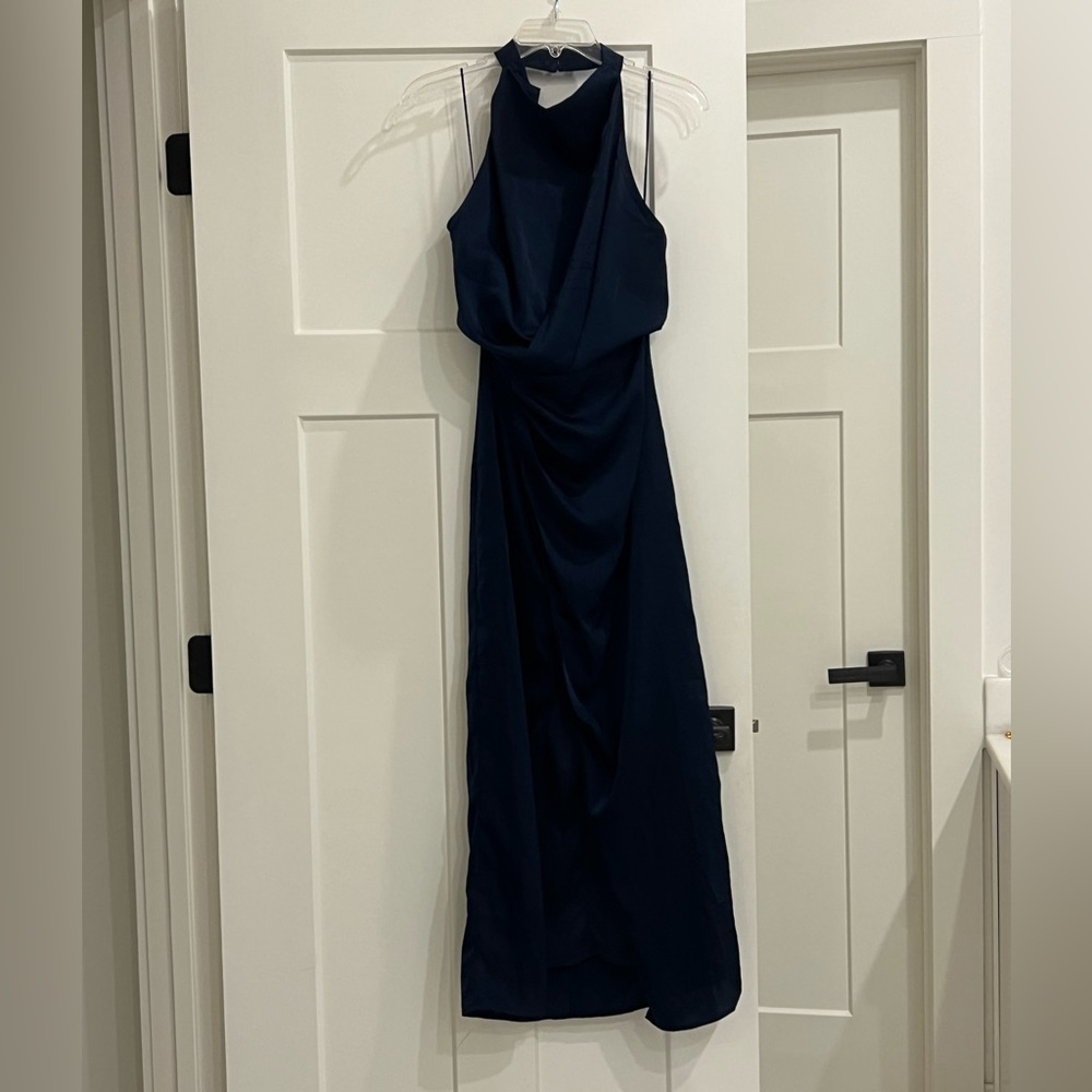 Vici Navy Halter Neck Satin Maxi Dress